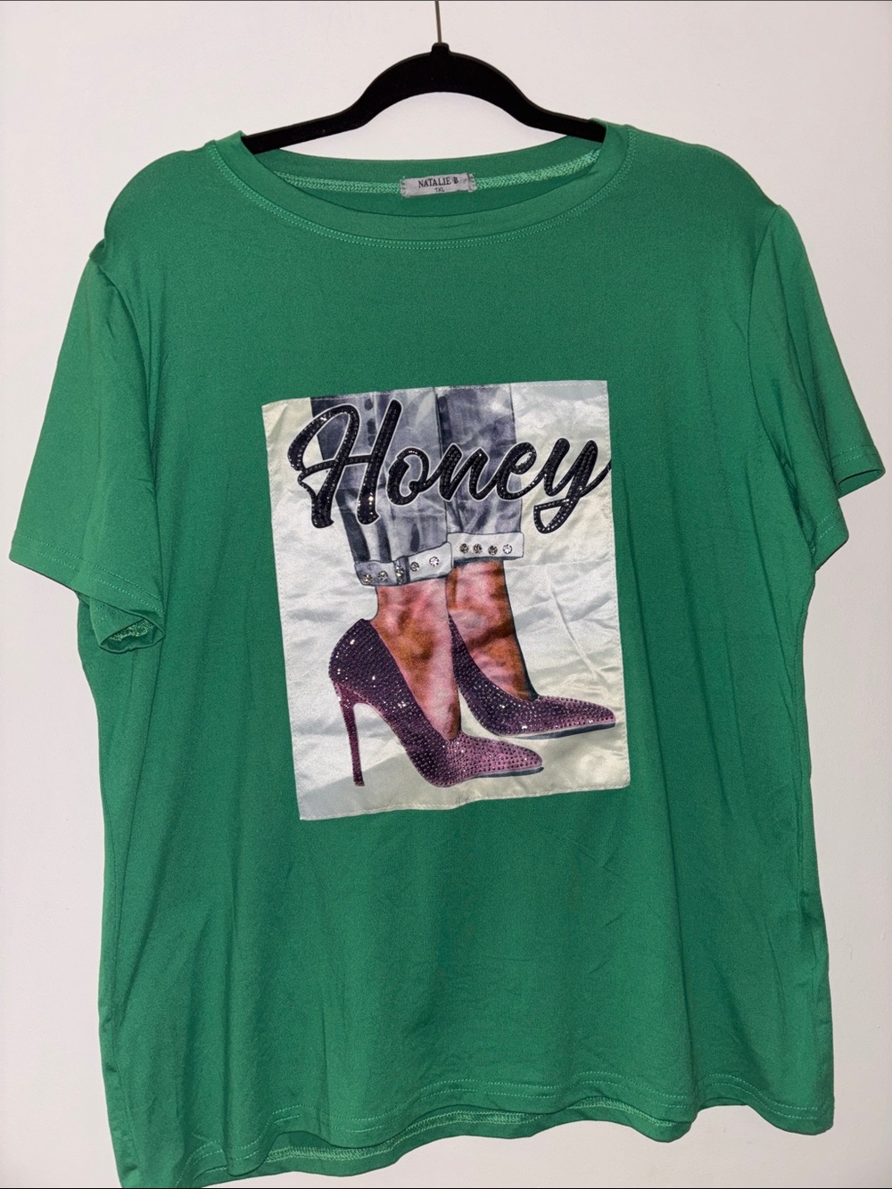Green 'Honey' Graphic Tee with Purple Heel Print fits more like a LARGE